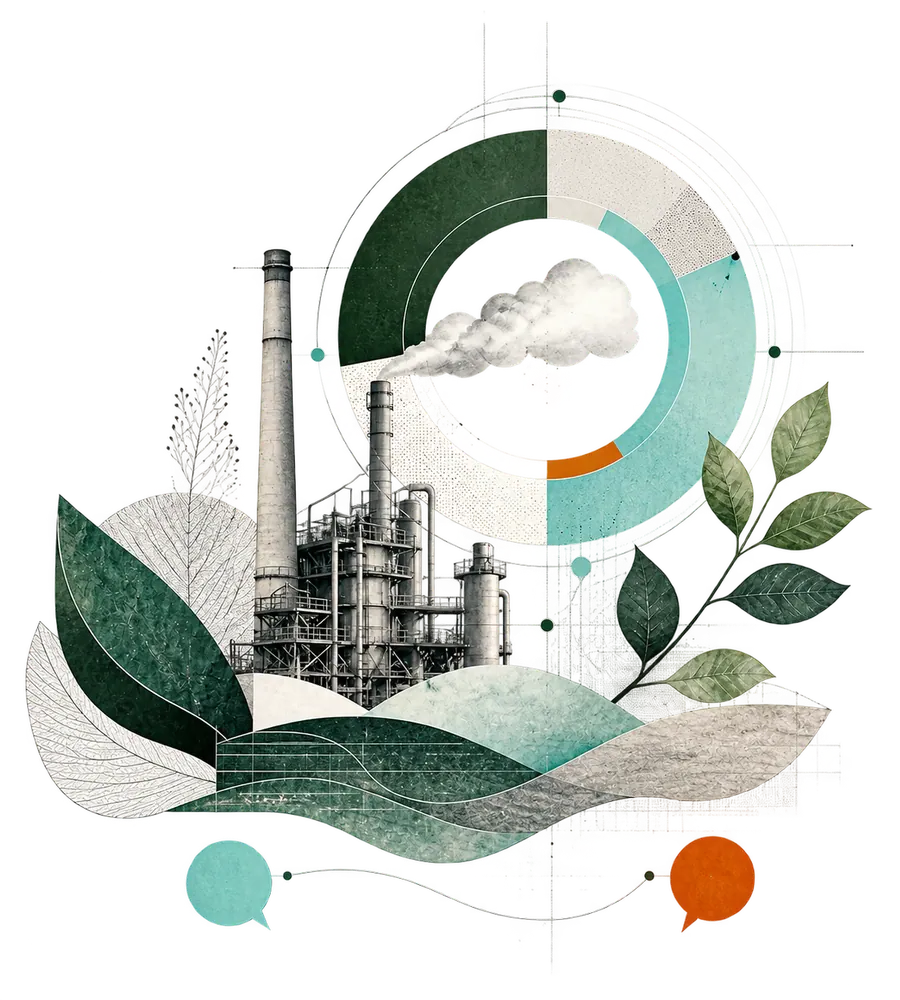 An industrial facility, emissions-data circle, and leaves in an editorial illustration.